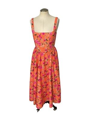 WAYF Floral Midi Dress S Orange Pink Fit Flare Summer Wedding